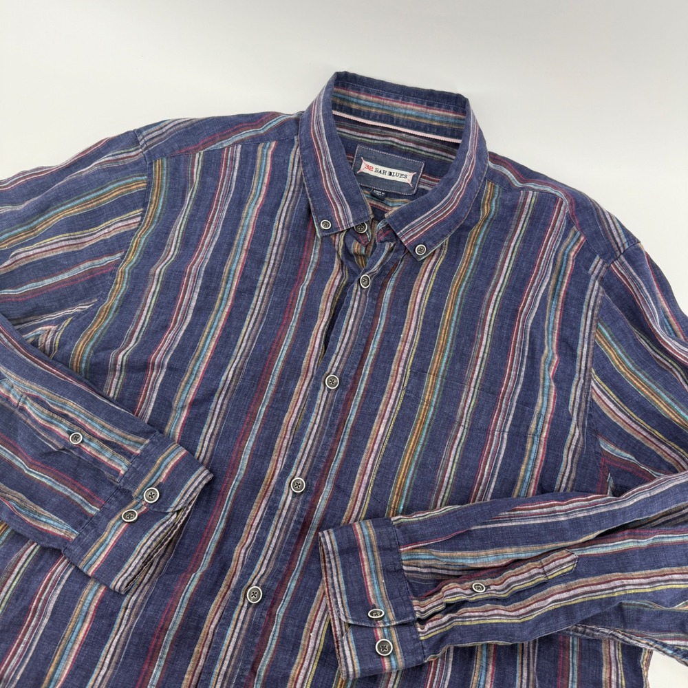 32 Bar Blues Mens XL Striped Linen Blend Button Down Shirt Blue Multi Turkey